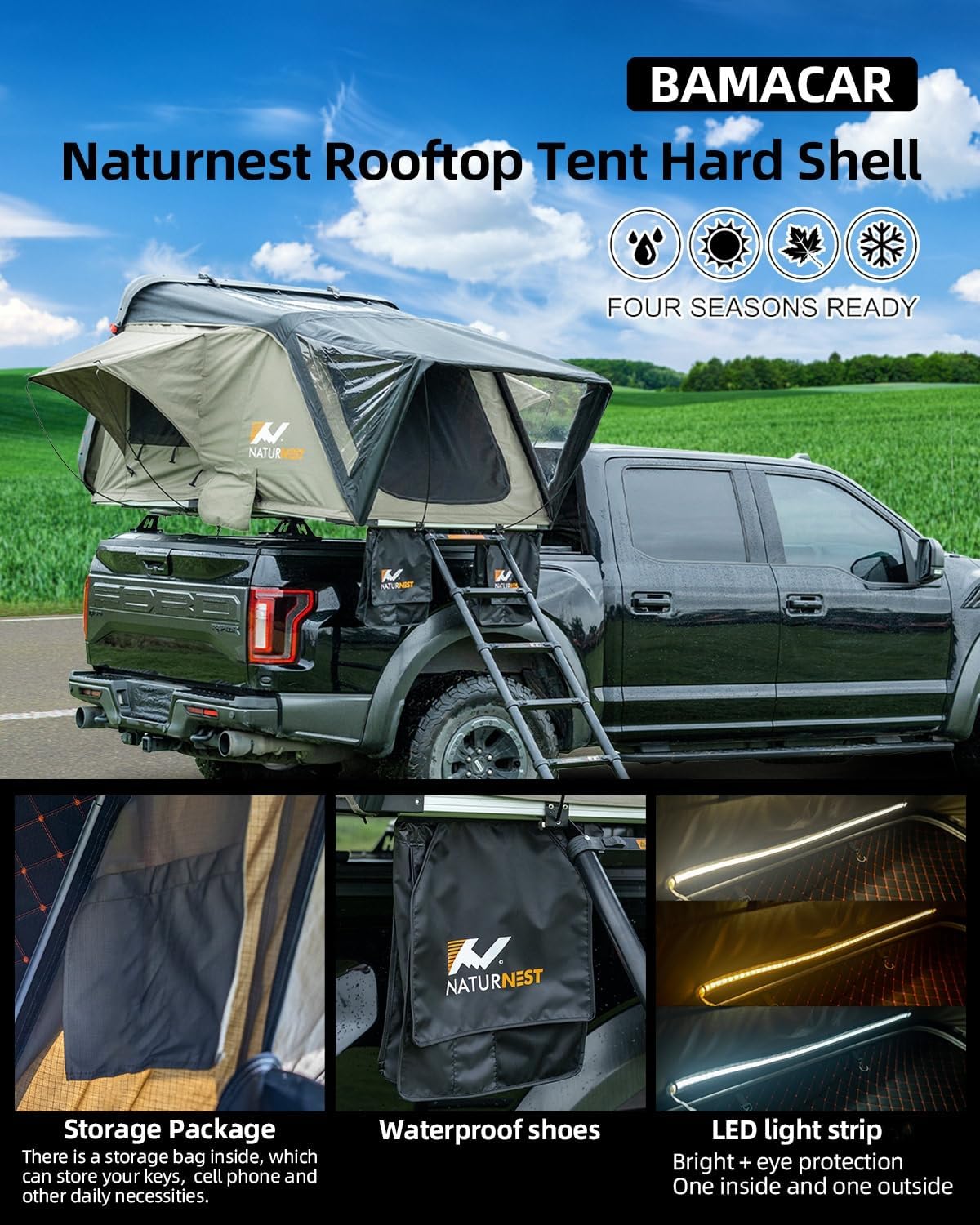 Naturnest Rooftop Tent Hard Shell with 2 Chair, BAMACAR Rooftop Tent for Jeep SUV Pickup Truck Van Overland Tent, Hardshell Rooftop Tent Nature Nest Roof Top Tent Car Camping Clamshell Roof Rack Tent