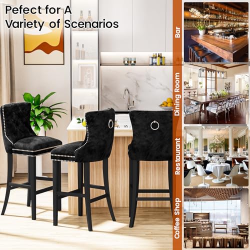 Recaceik Velvet Counter Height Bar Stools Set of 2, Upholstered Tufted Bar Stools with Back, 27" Kitchen Counter Stool for Island, High Back Kitchen Island Chairs for Home Bar, Dining Room(Blue)