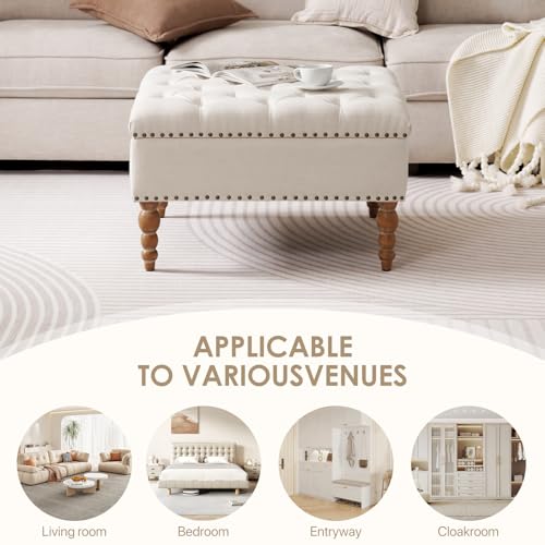 BEDHOURS Large Square Ottoman Coffee Table with Rivet Decoration, Hand-folded Roll Style Storage Ottoman with Solid Wood Shelf (Beige)