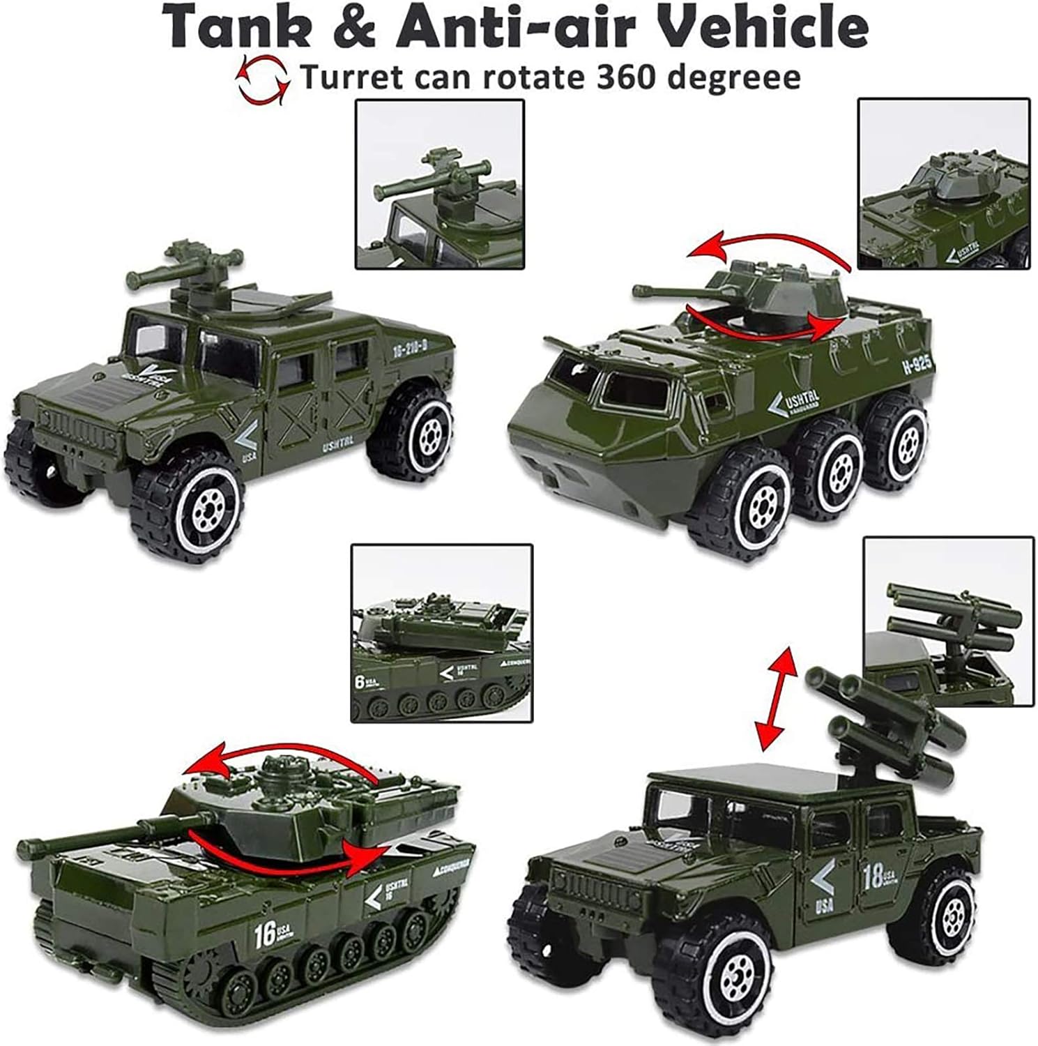 Shellvcase Diecast Military Vehicles, 6 Pack Army Toys Assorted Alloy Metal Model Cars Tank,Helicopter,Panzer,Anti-Air Vehicle Playsets Gift for Boys Kids Age 6 7 8 9 10