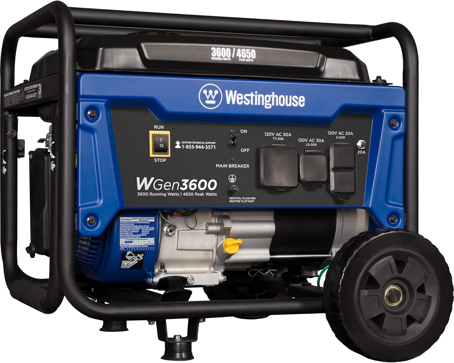 Westinghouse WGen3600 Portable Generator 3600 Rated Watts and 4650 Peak Watts, RV Ready, Gas Powered, CARB Compliant