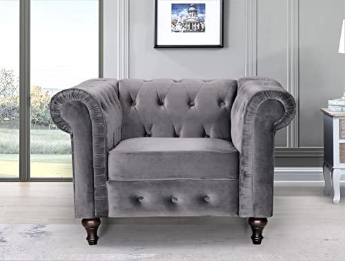 Teressa 3-Piece Velvet Chesterfield Sofa Set for Living Room, Apartment or Office, Includes Mid Century Modern Couch, Loveseat and Accent Chair, Grey