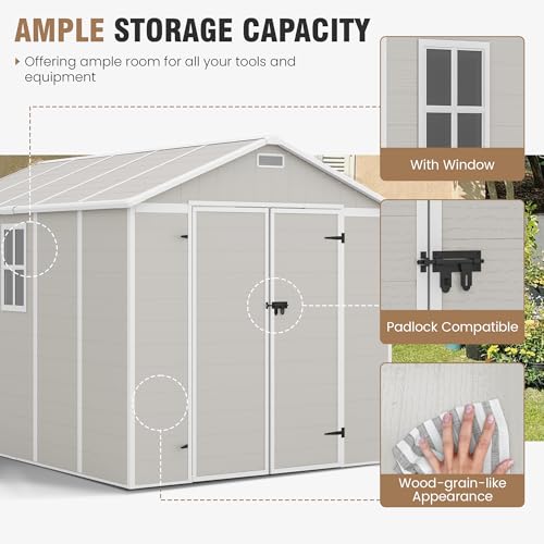 Outdoor Storage Shed, 6x6 FT Resin Shed with Floor and Lockable Door, Window, Vents, Tool Sheds and Outdoor Storage for Bike, Garden Accessories, Tools, Waterproof (Grey & White)