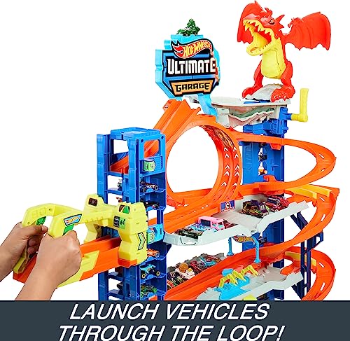Hot Wheels City Toy Car Track Set Ultimate Garage with 2 Die-Cast Toy Cars & Car-Eating Dragon, Stores 50+ Vehicles, 4 Levels