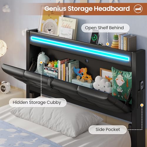 ADORNEVE Queen Bed Frame with Storage Headboard & 4 Drawers, LED Bed Frame Queen with Charging Station, Leather Upholstered Platform Bed Frame with Button Tufted, No Box Spring Needed, Black PU