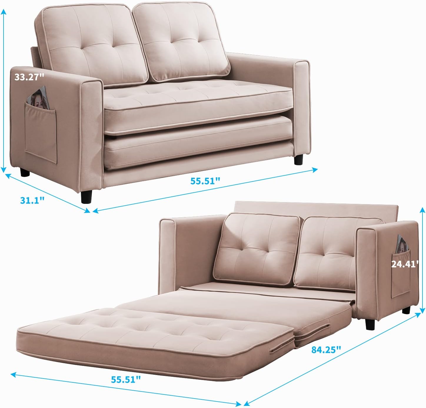 Mjkone 3-in-1 Convertible Pull Out Sofa Bed with Side Pockets, Loveseat Sleeper Sofa Couch for Living Room, Small Apartment (Beige)
