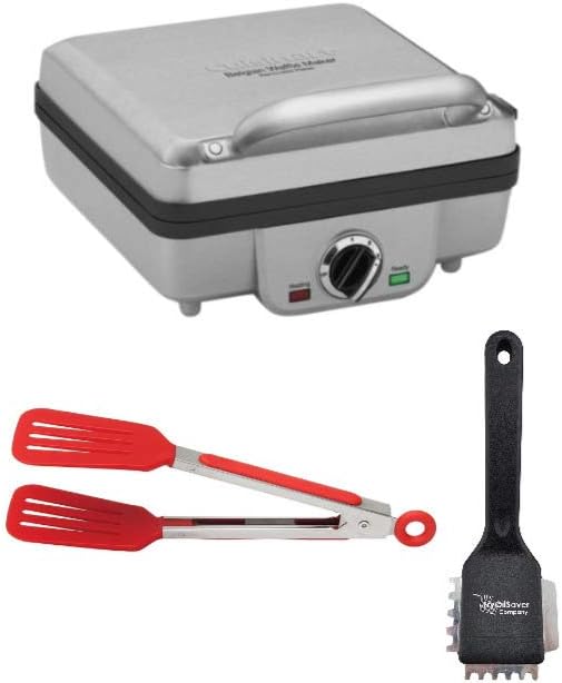 Cuisinart WAF-300P1 4-Slice Belgian Waffle Maker with Pancake Plates, Heavy Duty Small Brush, and 8-Inch Nylon Tongs Bundle (3 Items)