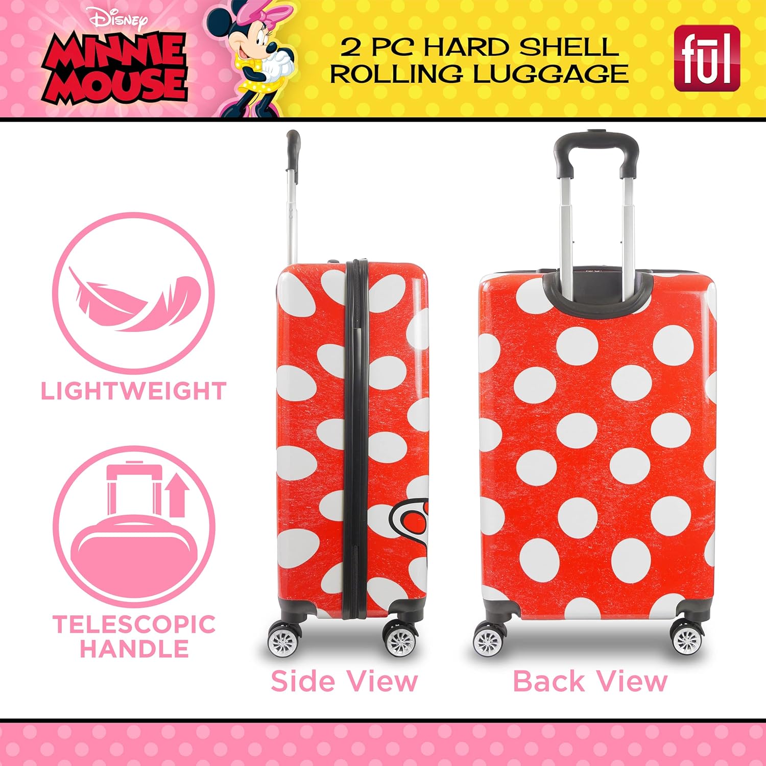 FUL Disney Minnie Mouse 2 Piece Rolling Luggage Set, Hardshell Suitcase with Wheels, Polka Dots, 20 Inch and 27 Inch, Red (FCFL0119SAMEC-600)