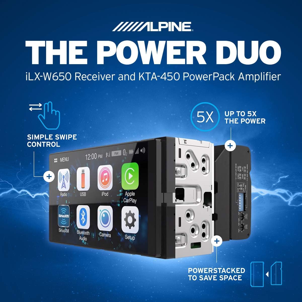 Alpine iLX-W650 Compatible with CarPlay & Android Auto - Includes KTA-450 4-Channel Amplifier, Back up Camera
