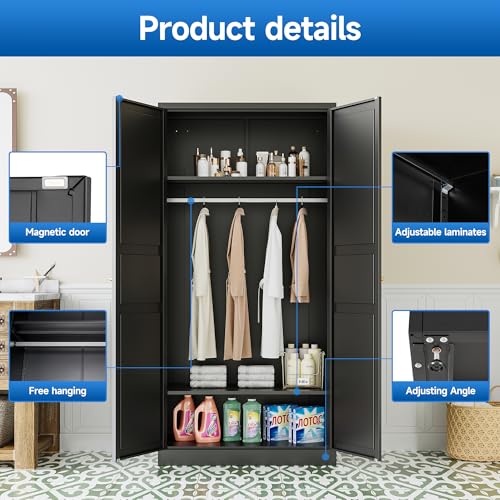 White Armoire Wardrobe Closet，71" Metal Clothing Storage Cabinets，with 2 Doors 2 Shelves Steel Wardrobe Storage，for Studio, Classroom, Garage, Gym Clothes Storage Organizer