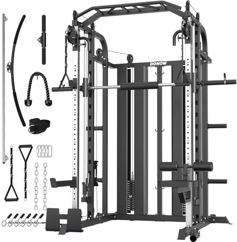 DONOW Smith Machine with Weight Stacks Power Cage Squat Rack Dual Cable Crossover Machine Home Gym Systems Station LAT Pull Down