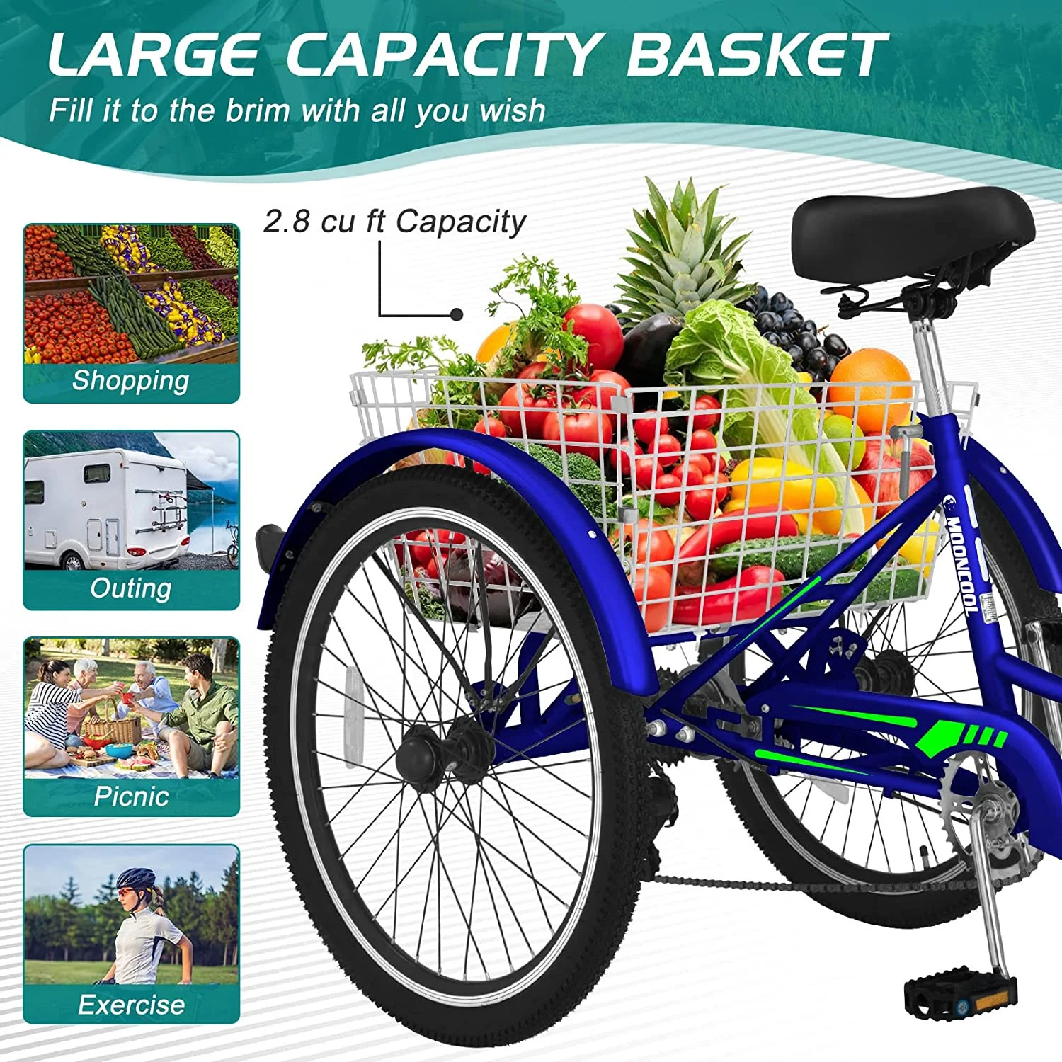 Docred Adult Tricycle 7 Speed 24 Inch Three Wheel Bike Cruiser Trike for Men/Women/Seniors