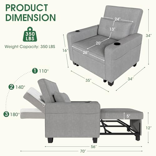 3-in-1 Convertible Sofa Chair Bed, Pull Out Leather Recliner Sleeper Sofa Chair Bed Couch with Cup Holders, USB & Type C Port,Side Pockets, Perfect for Living Room,Bedroom,Office (Black)