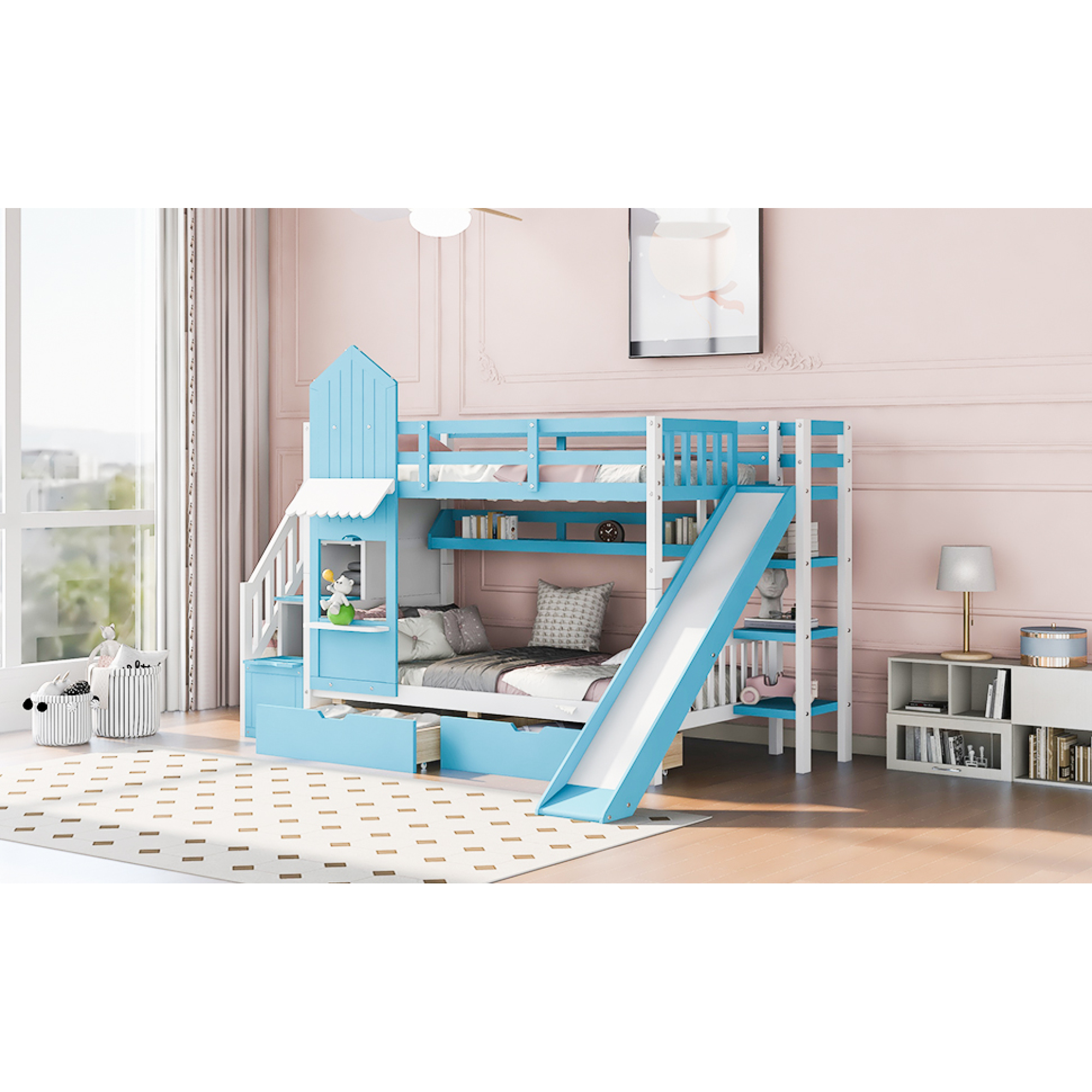 Blue Castle-Themed Twin Bunk Bed with Slide, 2 Drawers & 3 Shelves for Kids' Room