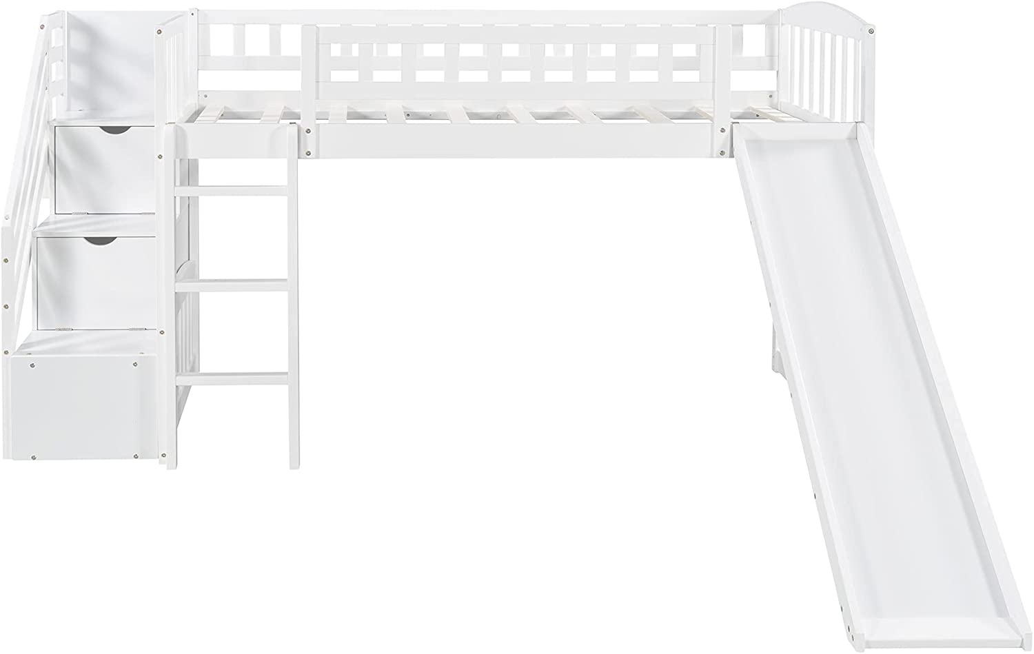 Loft Bed With Slide And Stairs, Wooden Low Loft Bed Frame With Storage For Kids Girls Boys - White