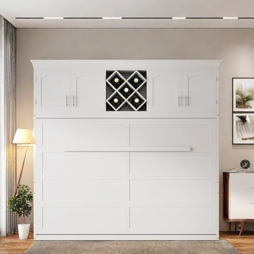 MERITLINE Queen Horizontal Murphy Bed Cabinet with Storage Bookcase Shelves and Charging Station,Wood Folding Grey Murphy Wall Bed for Adult