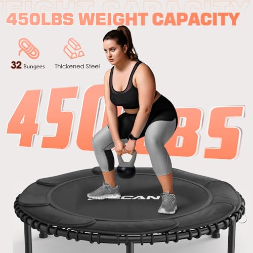 BCAN 450/550 LBS Foldable Mini Trampoline, 40"/48" Fitness Trampoline with Bungees, U Shape Adjustable Foam Handle, Stable & Quiet Exercise Rebounder for Adults Indoor/Outdoor Workout