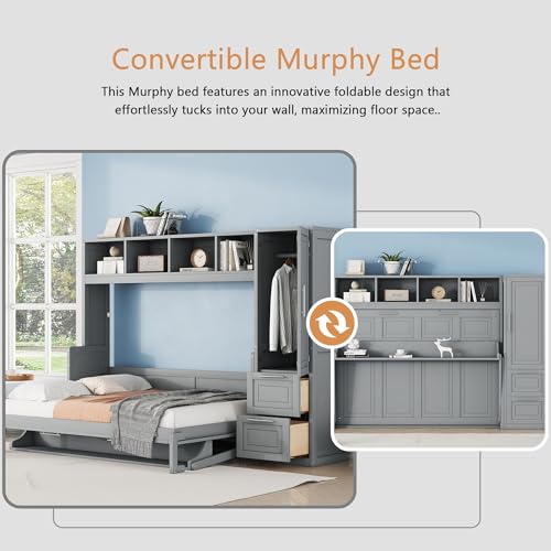 Linique Full Size Murphy Cabinet Storage Wall Bed with Closet and Drawers and Built-in Top Shelf,Hide a Bed on a Wardrobe Space Saving Design,Gray