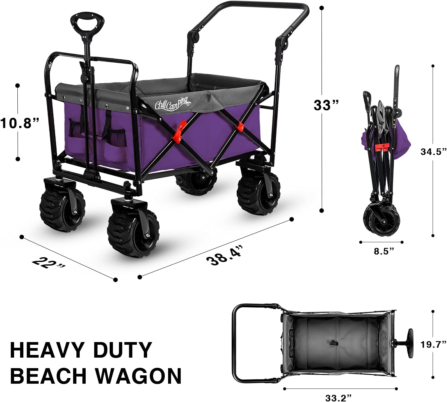 Push and Pull Beach Wagon with Big Wide Rubber Wheels, All Terrain Heavy Duty Grocery Cart Utility Collapsible Wagon for Outdoor Garden Picnic Beach Sports Camping, Purple