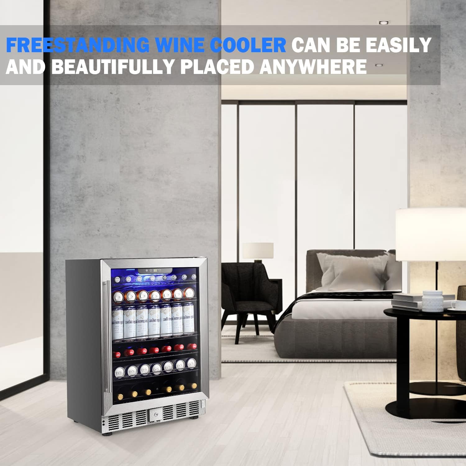 COWSAR Wine Cooler Refrigerator 24inch Wine Fridge Freestanding or Built-in Wine Refrigerator 5.1Cu.Ft Wine Fridge Under Counter Stainless Steel Wine and Beverage Refrigerator with Glass Door