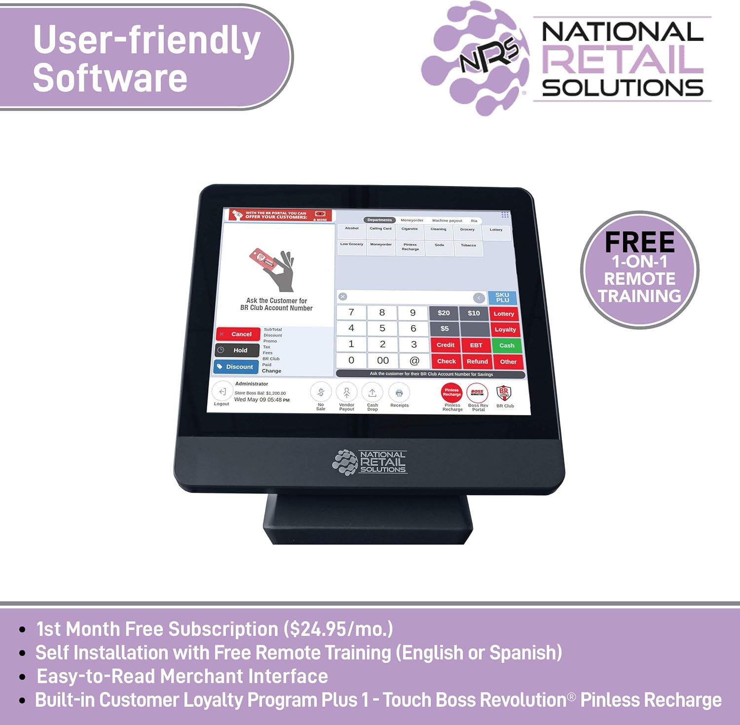 NRS LITE Cash Register for Small Businesses (USA ONLY) - POS System Bundle Includes - Merchant Touch Screen Monitor with Customer-Facing Display, Barcode Scanner & Thermal Receipt Printer