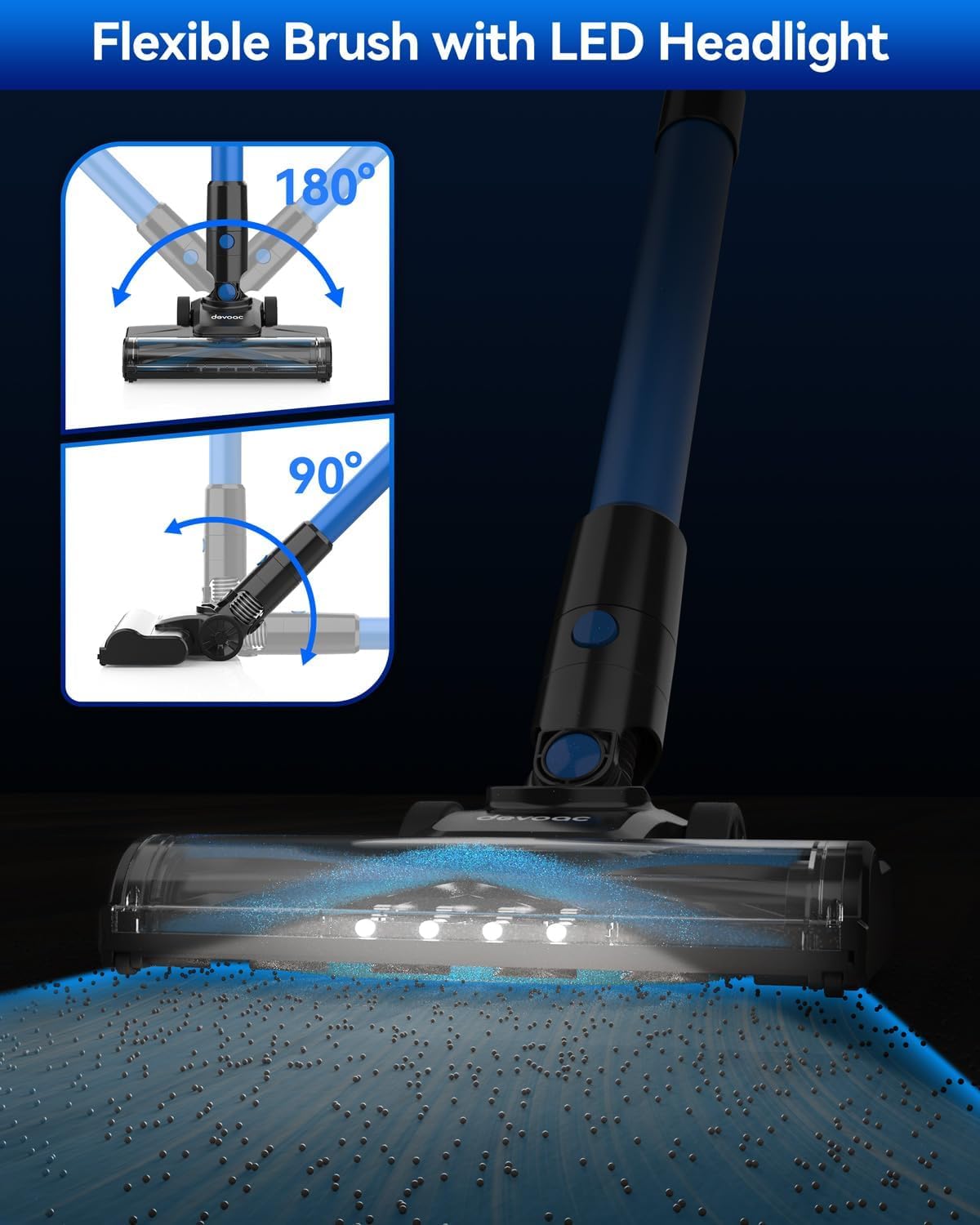 DEVOAC Cordless Vacuum Cleaner, Lightweight with Rechargeable Battery, Convenient 6 in 1 Handheld Stick Vacuum Cleaner with Powerful Suction for Carpet Hard Floor Pet Hair Home
