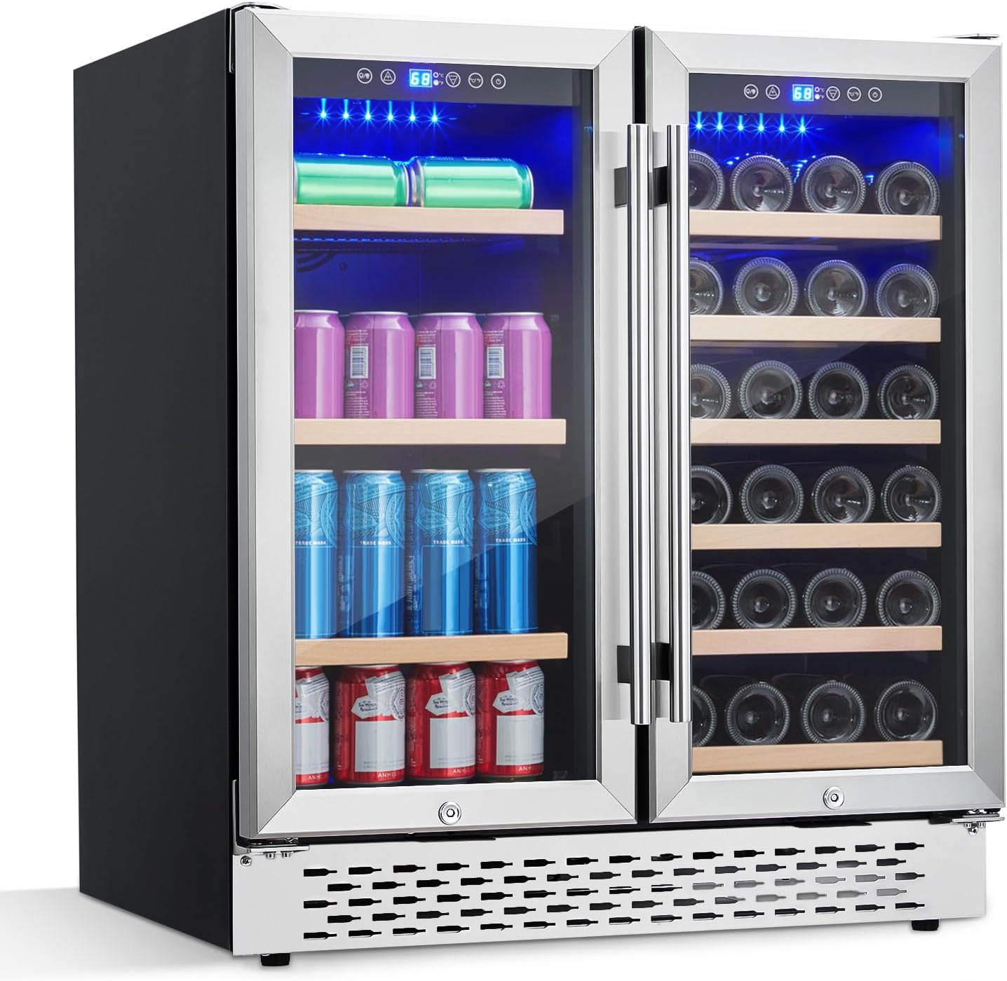 Wine and Beverage Refrigerator - 28 Bottles and 80 Cans, Dual Zone, Glass Door, Adjustable Shelves, with Lock, Digital Temperature Control, Freestanding/Built-in