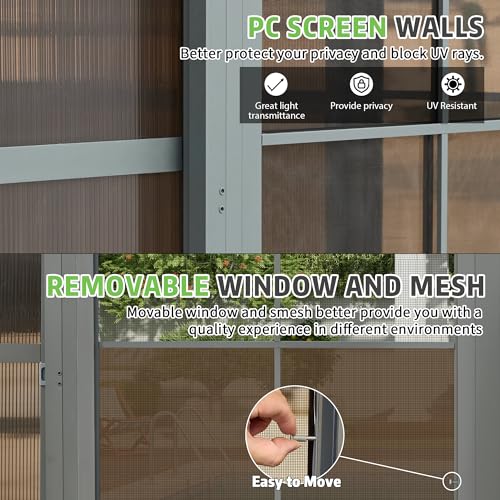 EROMMY 10' x 16' Sunroom, Wall Mounted Gazebo Solarium with Aluminum Frame, Polycarbonate Roof, Permanent Sun Room with Sliding Doors, Lockable PC Screen Walls, Lean to Gazebo for Garden, Patio, Deck