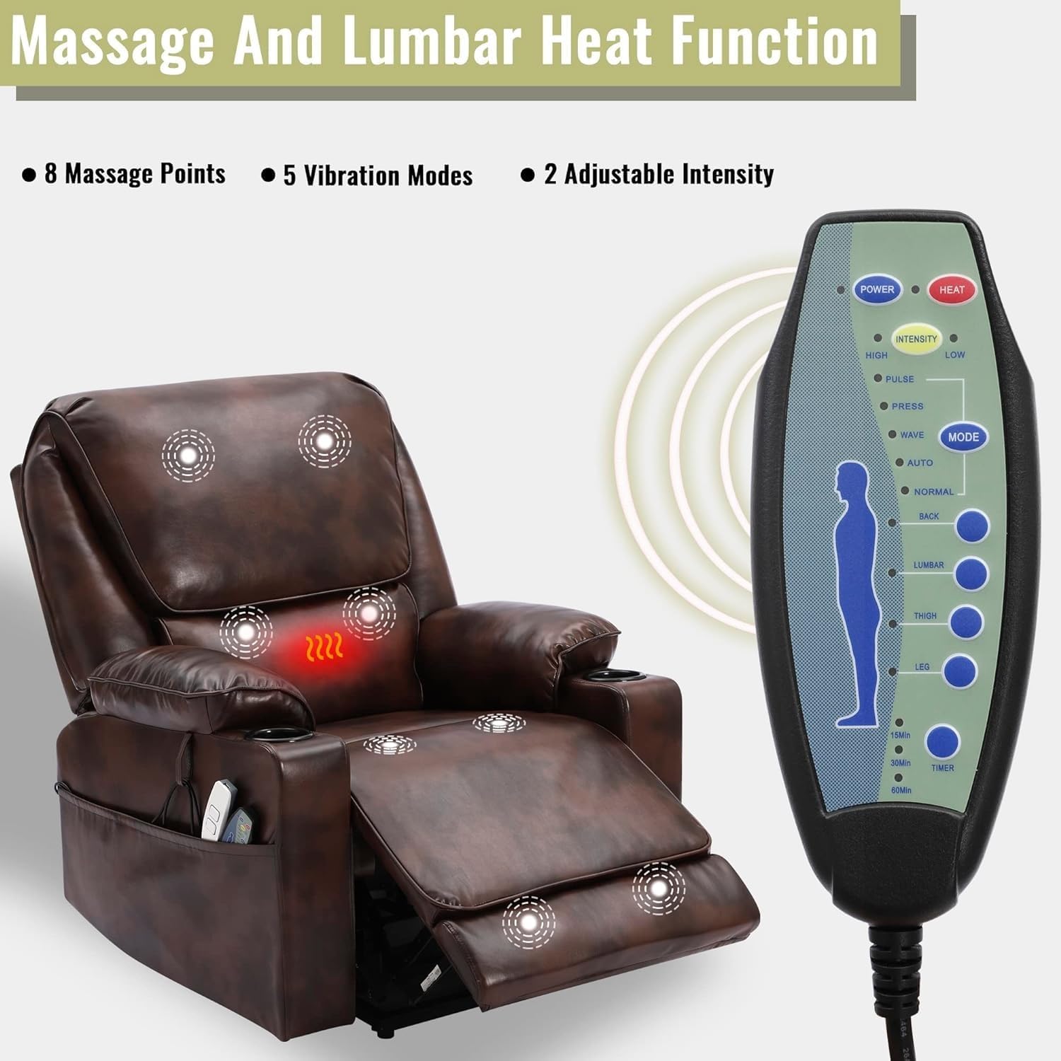 Leather Power Lift Recliner Chair for Elderly with Massage and Heated,Electric Lift Chair for Seniors,Cup Holders, Side Pocket and USB Port -Brown