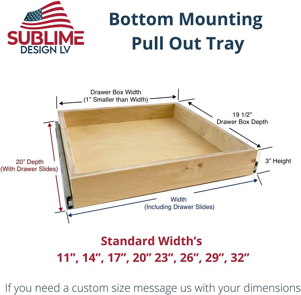 Sublime Design | Bottom Mount | Pull Out Tray | Baltic Birch Drawer for Kitchen Cabinets | Slide Out Shelves | Roll Out Cabinet Organizer (17 Wide)