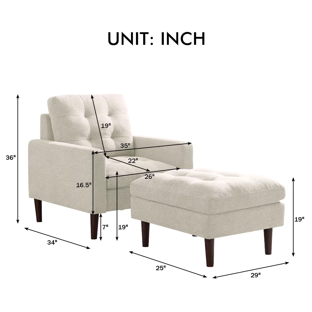 Accent Chair with Ottoman, Modern Fabric Single Sofa Chair, Upholstered Accent Arm Chair with Solid Wood Legs, Accent Chair for Home Office Living Room Bedroom, Beige