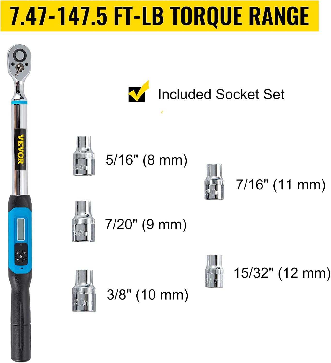 VEVOR Digital Torque Wrench, 1/2" Drive Electronic Torque Wrench, Torque Wrench Kit 7.47-147.5 ft-lb Torque Range Accurate to &plusmn;2%, Adjustable Torque Wrench w/LED Display and Buzzer, Socket Set & Case