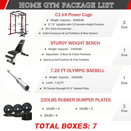 C1-V4 Power Cage, 2000LBS Squat Rack with LAT Pulldown, Multi-Function Weight Cage Strength Training Machine, Workout Cage with More Attachments for Home Gym Garage