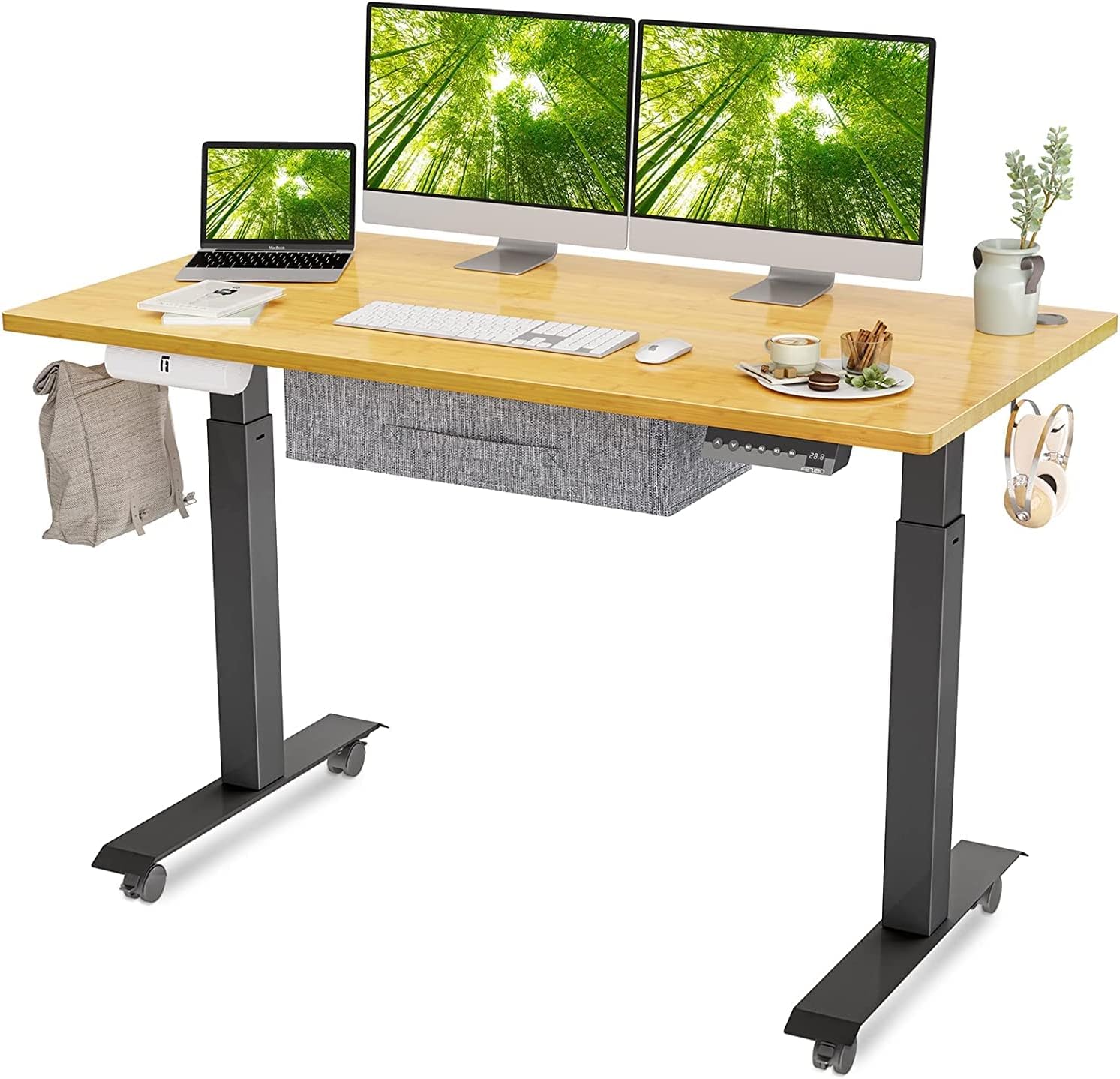 BANTI Adjustable Height Standing Desk with Drawers, 55x24 Inches Electric Stand Up Desk, Sit Stand Home Office Desk with White Frame/White Top
