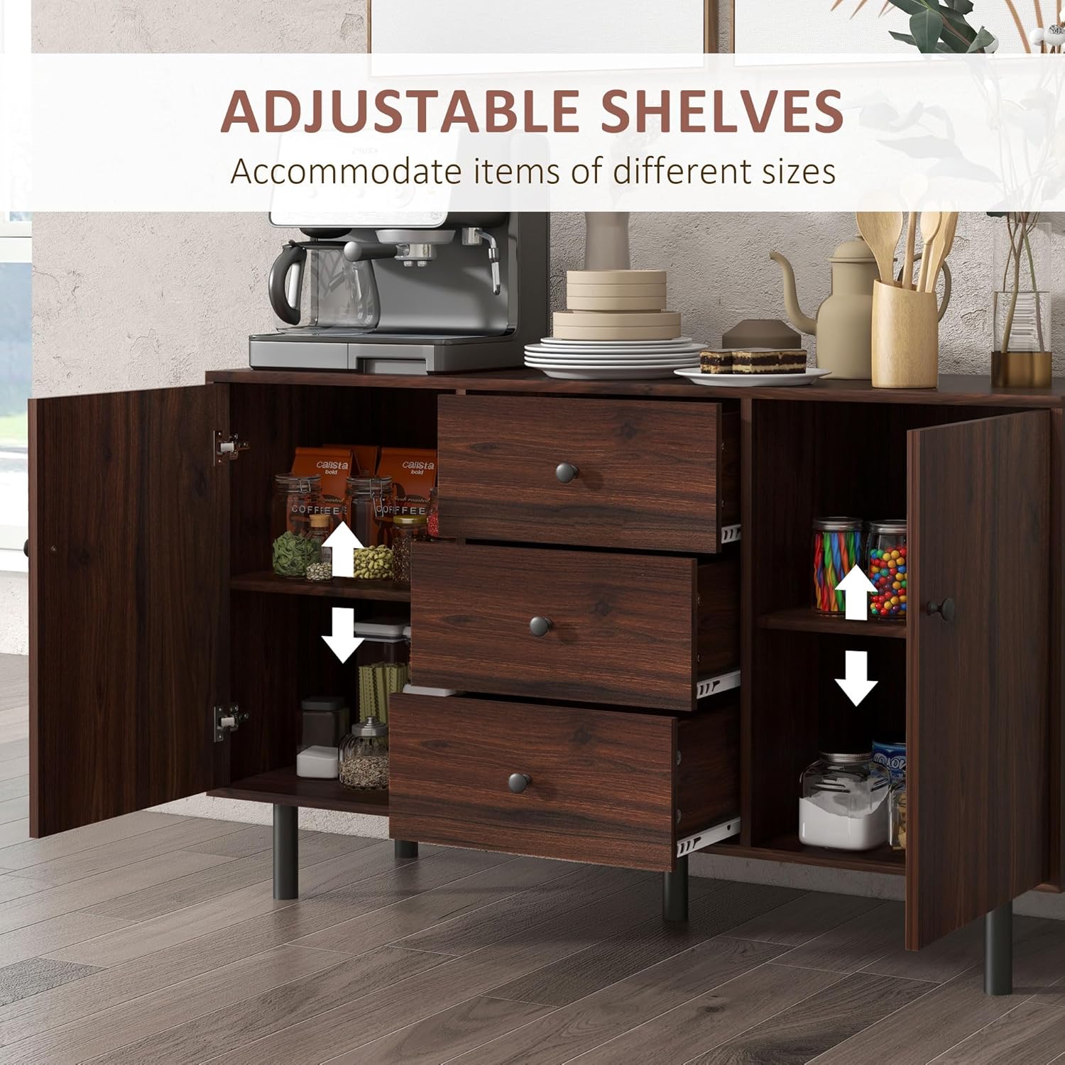HOMCOM Sideboard Buffet Cabinet, Kitchen Cabinet with 2 Cupboards, 3 Drawers and Adjustable Shelves, Coffee Bar Cabinet for Living Room, Entryway, Brown