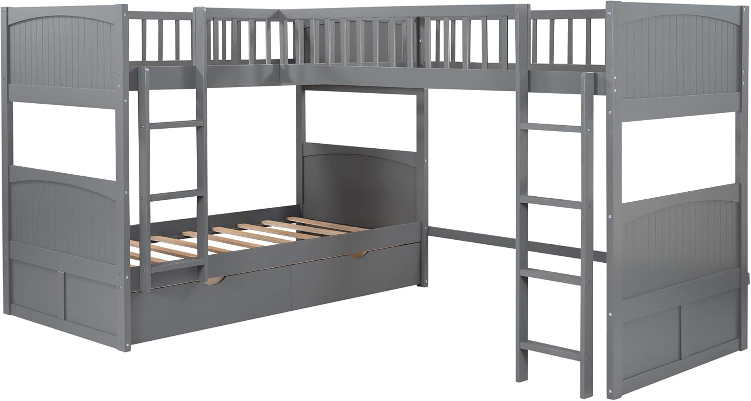 Twin over Twin L-Shaped Triple Bunk Beds with 2 Storage Drawers and 2 Ladders, Wooden Bunk Beds with a Loft Attached for 3 Kids Teens, Gray