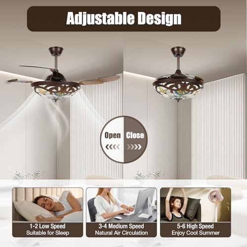 42 Inch Tiffany Style Ceiling Fan Stained Glass Ceiling Fan Retractable Ceiling Fan with Light and Remote Control 3 Speed, 3 Lighting Color Setting for Bedroom, Living and Dining Room