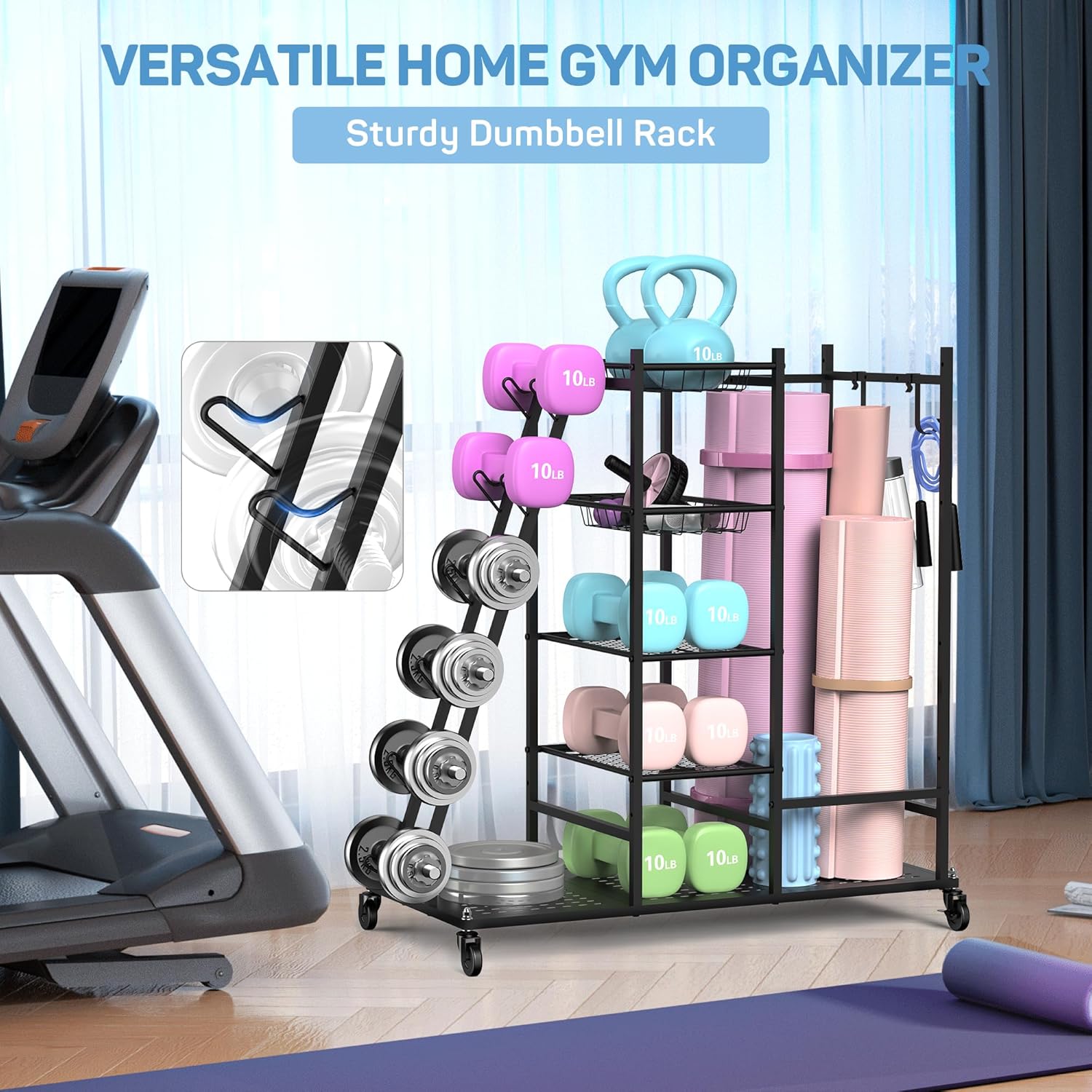 PLKOW Weight Rack for Dumbbells, Home Gym Storage for Dumbbells Yoga Mat Kettlebells and Gym Equipment, Golf Bag Stand and Dumbbell Rack for Garage Home Gym
