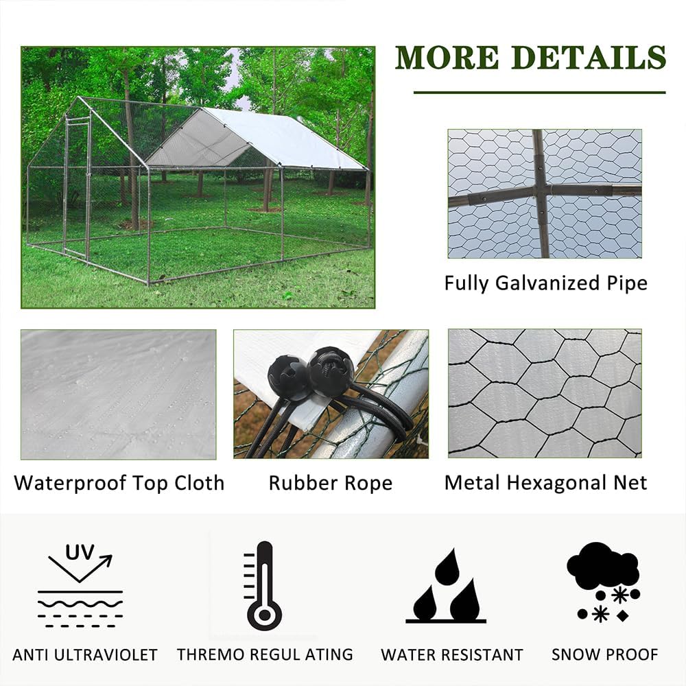 Chicken Coop Large Metal Chicken House,Walk-in Poultry Cage Chicken Run Pen Dog Kennel Duck House with Waterproof and Anti-Ultraviolet Cover (L(10' L x 13 W x 6.56' H))