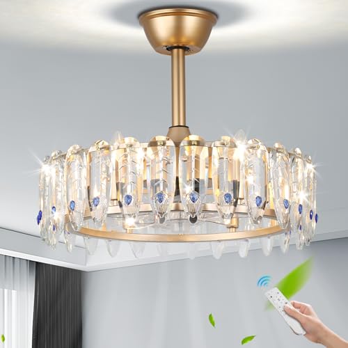 42''Dimmable Fandelier Crystal Chandelier Ceiling Fan Retractable Ceiling Fan with Lights and Remote 6 Speed, 3 Light Change Retractable Blade Chandelier Ceiling Fan for Bedroom(Chrome)