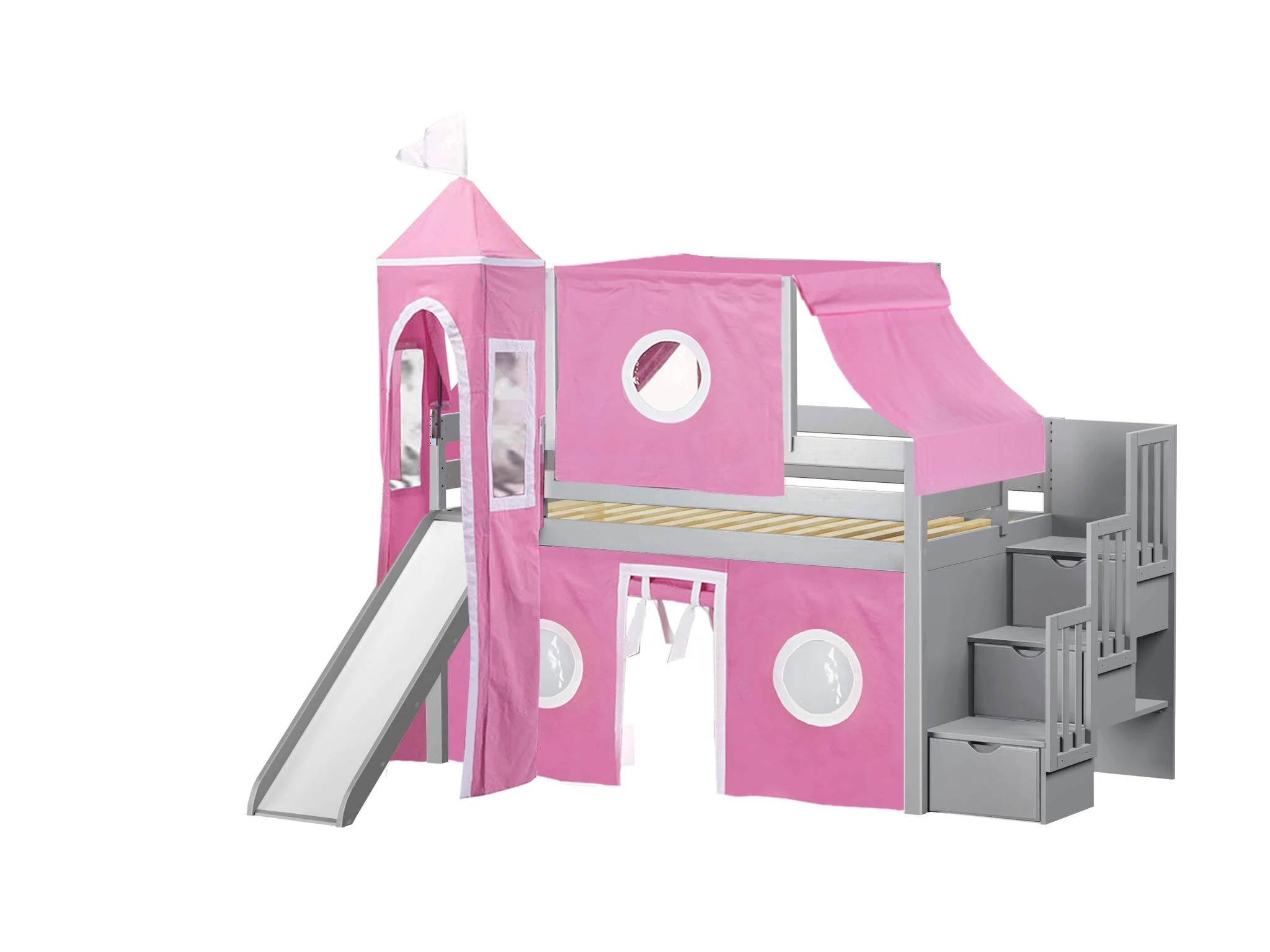 Jackpot Princess Low Loft Stairway Bed with Slide Pink u0026 White Tent and Tower, Loft Bed, Twin, Gray