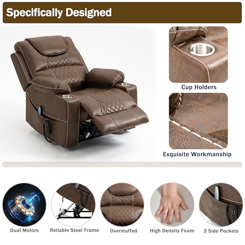 Large Dual Motor Power Lift Chair Lay Flat Recliner Chairs with Massage Heat for Adults Infinite Position Up to 400 LBS Recliners with 2 Hidden Cup Holders