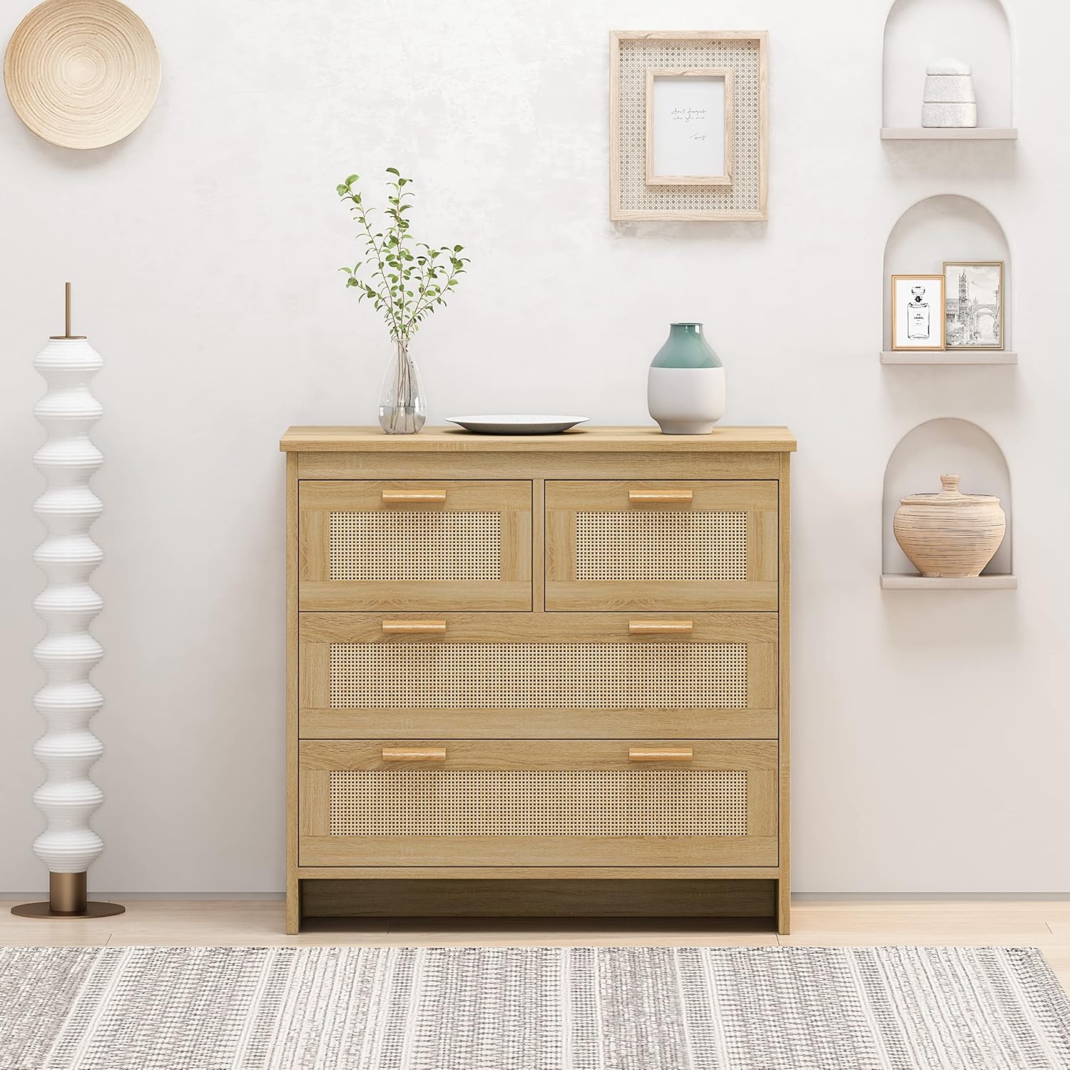 31.5" W Buffet Kitchen Storage Decorated Doors,4 Drawers Rattan Sideboard for Dining Room, Hallway, Cupboard Console Table, Liquor/Accent Cabinet,Natural