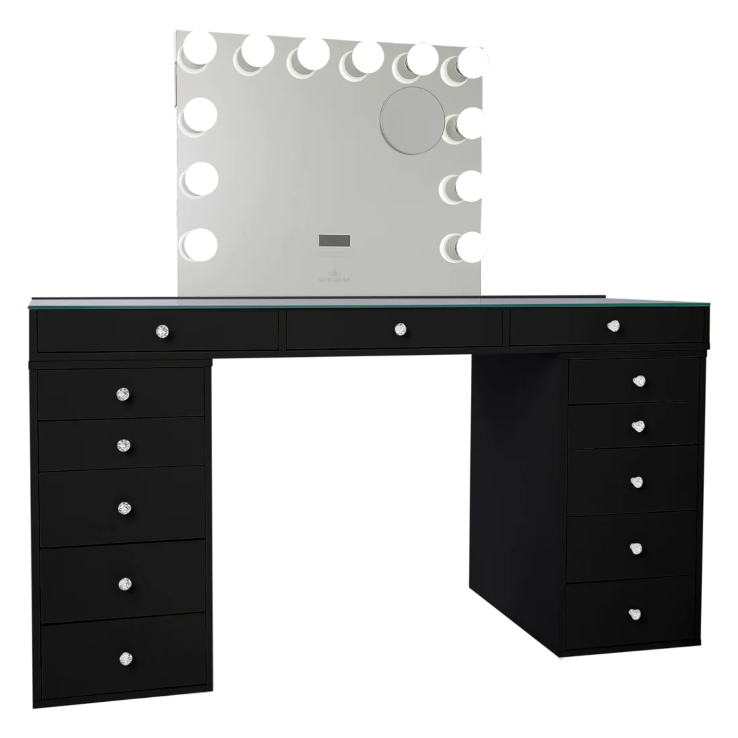 Impressions Vanity Desk, Slaystation Pro 2.0 Makeup Table with 5 Drawers Unit Bundle of Glass Top Desk, Storage, Tabletop Hollywood Vanity Mirror, Dresser Organizer for Bedroom,Living Room (Pro Black)