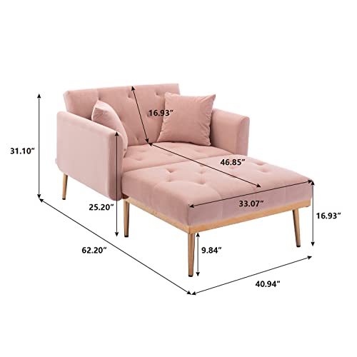 Velvet Chaise Lounge Indoor, 2-in 1 Lounge Chair with Adjustable Backrest, Modern Single Sofa Chair Bed with Solid Golden Metal Legs (Beige)