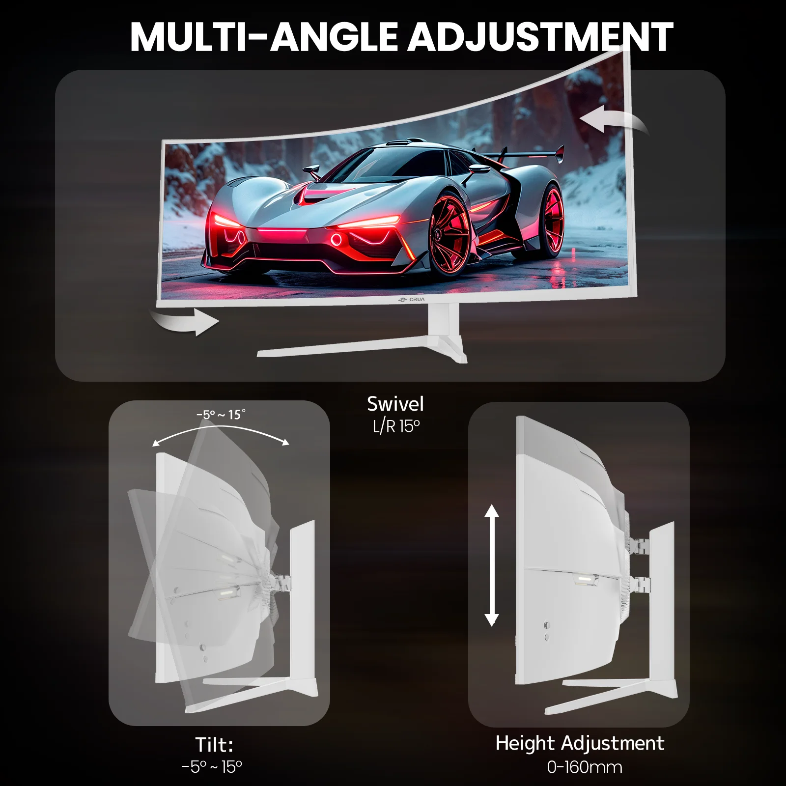 CRUA 49 Inch Ultra-Wide Curved Gaming Monitor, 120Hz, DQHD (5120x1440p), 1500R,FreeSync, 32:9, 120% sRGB, HDMI &amp; DP, Height adjustable, Built-in Speakers, Wall Mount Install, White