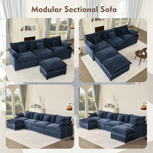 108" U Shaped Couch, Modular Sectional Sofa, 3-Seater Comfy Cloud Couch with Movable Ottoman, Deep Seat Couches for Living Room, Chenille, Black