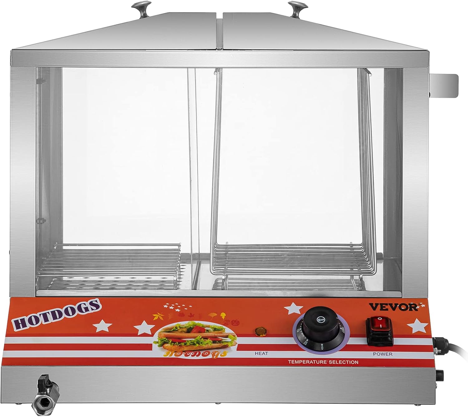 VEVOR Hot Dog Steamer, 36L/32.69Qt, Top Load Hut Steamer for 100 Hot Dogs & 48 Buns, Electric Bun Warmer Cooker with Acrylic Windows Partition Plate Shelves Food Clip PTFE Tape, Stainless Steel