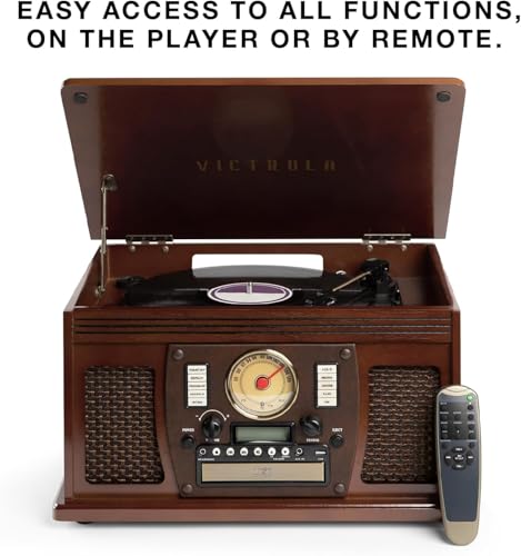 Victrola Navigator 8-in-1 Bluetooth Record Player with Built-in Speakers– 3 Speed Turntable, CD Player, Cassette, FM Radio, USB, RCA Out, Headphone Jack, Wireless Music Streaming, Real Wood (Mahogany)