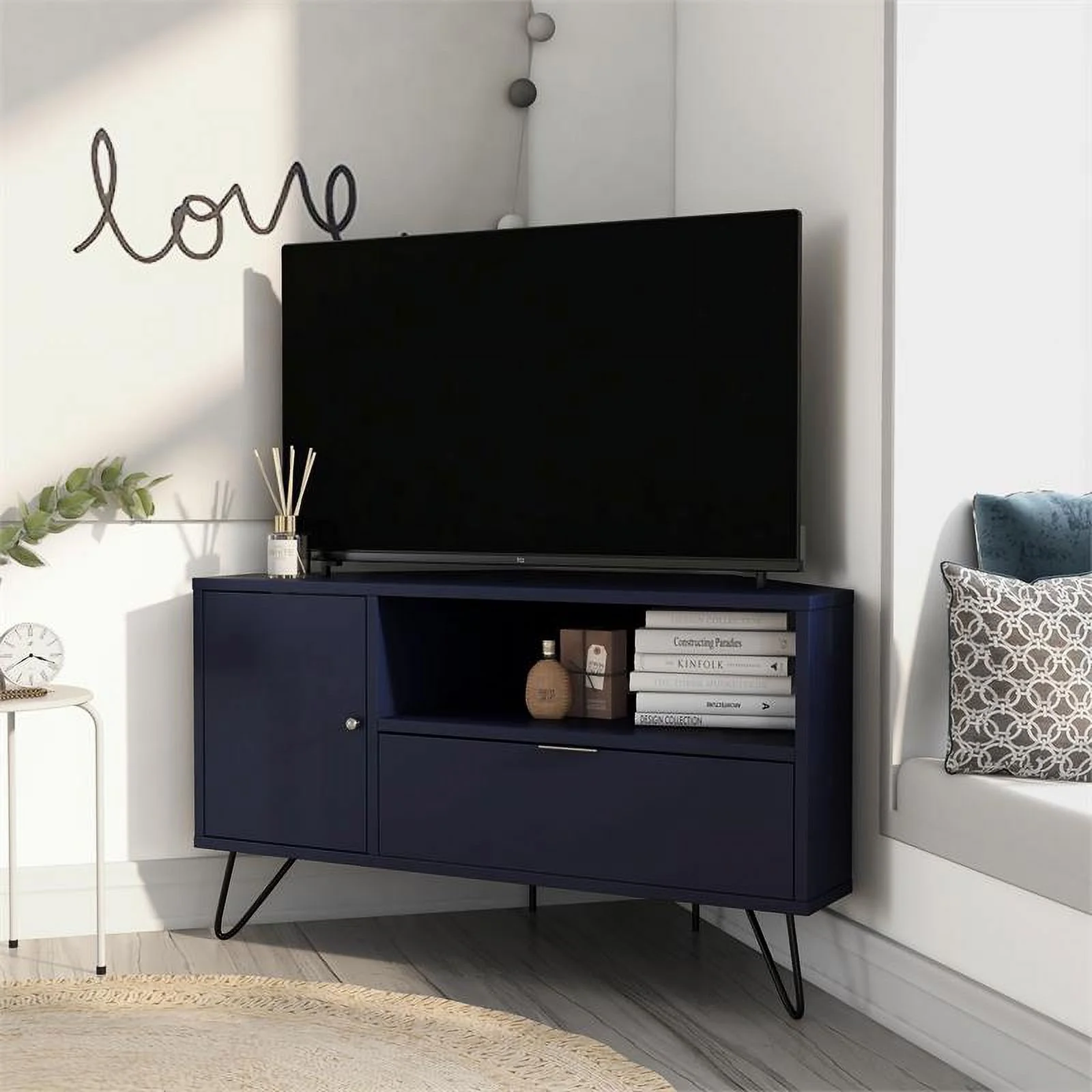 Bowery Hill Modern Wood Multi-Storage Corner TV Stand in Navy